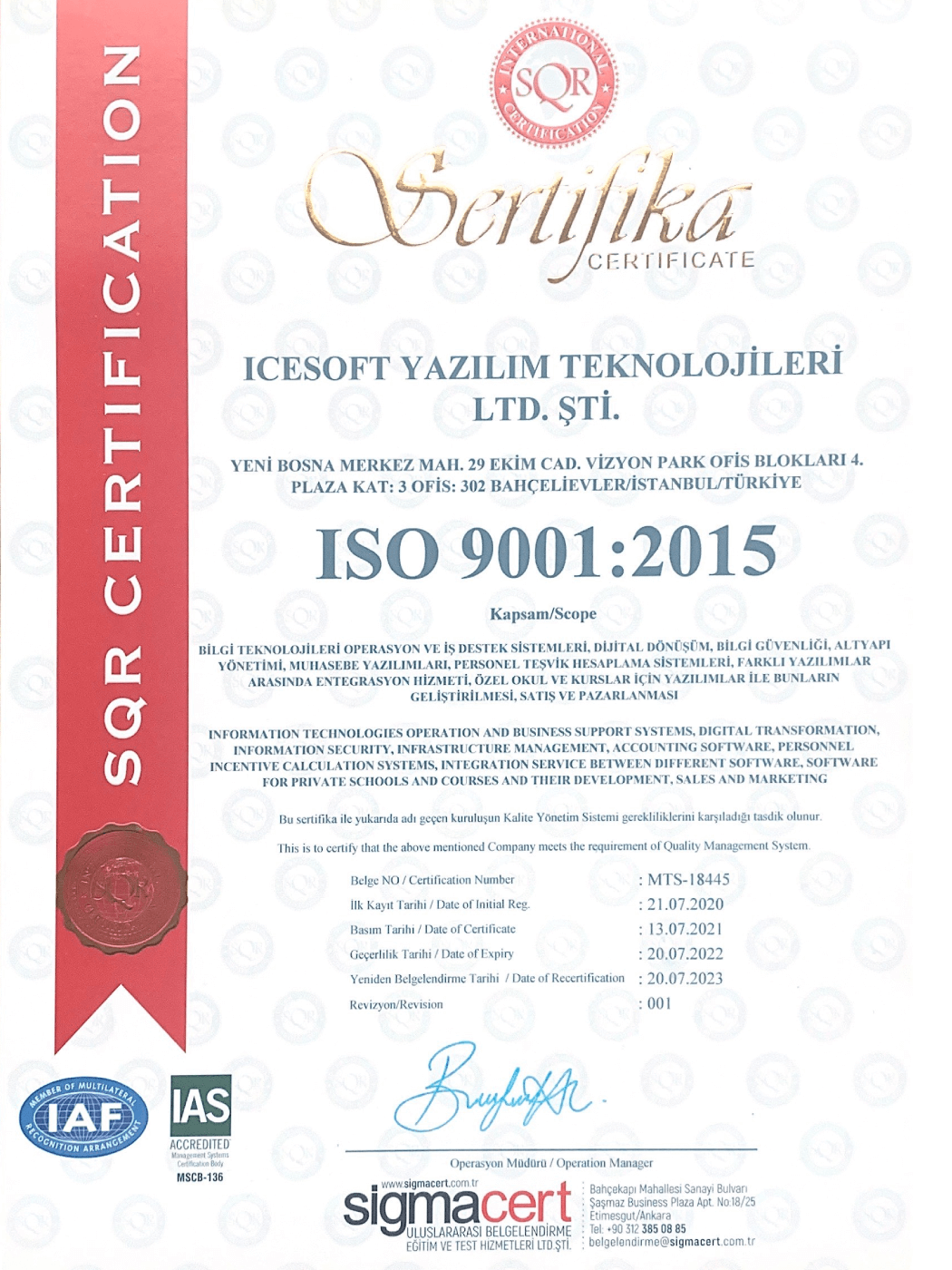 ISO 9001 Sertifikası